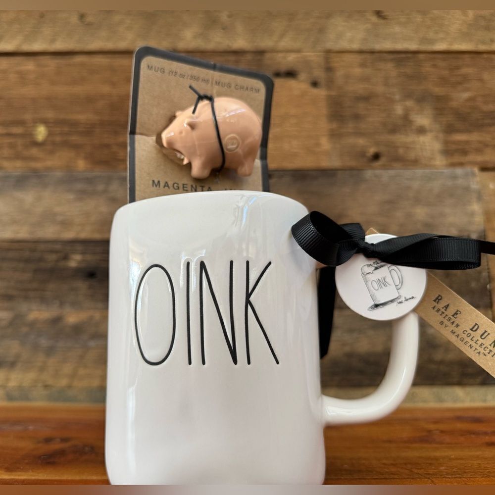 Rae Dunn OINK mug with ceramic pig mug charm 12 OZ NEW